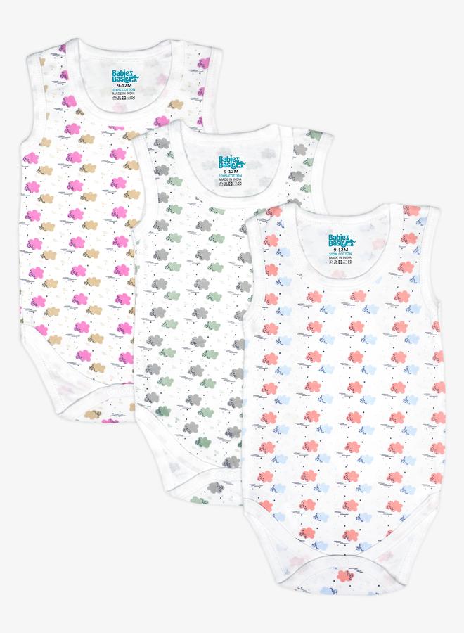 Babies Basic Pack of 3 - Super Combed Cotton Sleeveless Printed Bodysuit - Image 1